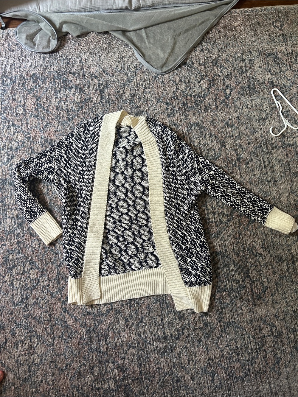 Open-Front Black and Cream Patterned Women's Sweater